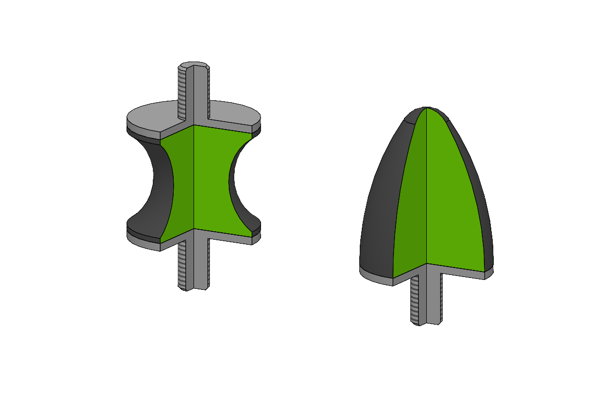 Ein zylindrischer Gummi Metall Puffer und ein Gummi Metall Puffer mit Parabel-Geometrie.