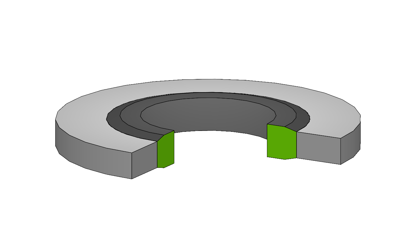 Circular gasket made of a metallic carrier and a rubber seal attached to it.
