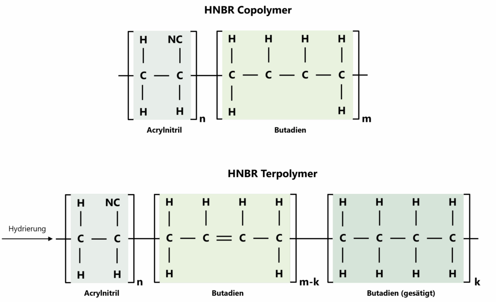Aus einem HNBR-Copolymer wird durch Hydrierung der im Polymer enthaltenen C=C-Doppelbindungen (links) ein stärker gesättigtes HNBR-Terpolymer mit überwiegend C–C-Einfachbindungen und verbleibenden Rest-Doppelbindungen als reaktive Vernetzungsstellen (rechts). Darstellung des Gummiformteile Herstellers GUME GmbH