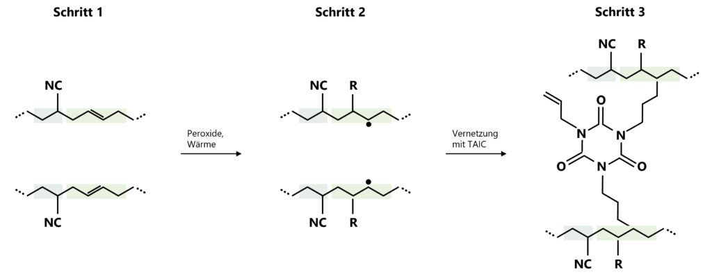 Darstellung der Vulkanisation von HNBR durch peroxidische Radikalbildung und Aktivierung der Polymerketten (links) sowie die anschließende Vernetzung unter Einsatz eines Co-Agents wie Triallyl Isocyanurat (TAIC) zur Erhöhung der Vernetzungsdichte (rechts).
Grafik des Gummiform- und Verbundteile Herstellers GUME Gmbh