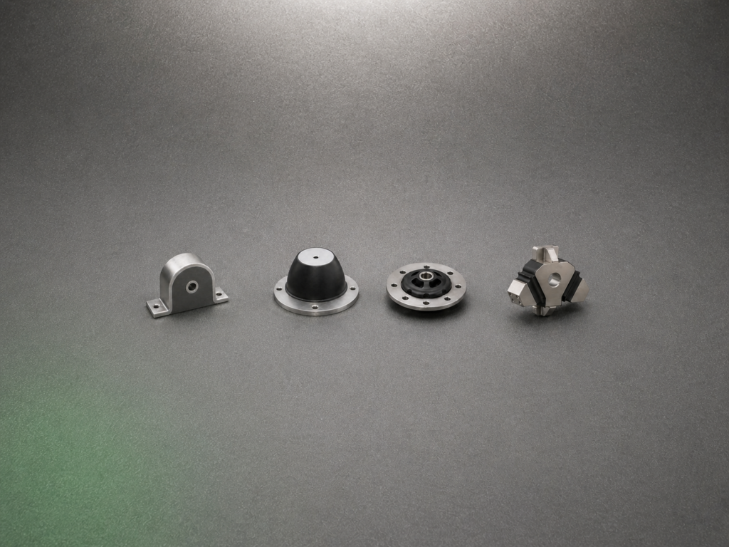 Übersichtsartige Darstellung mehrerer Lagerelemente aus Gummi und Metall.
