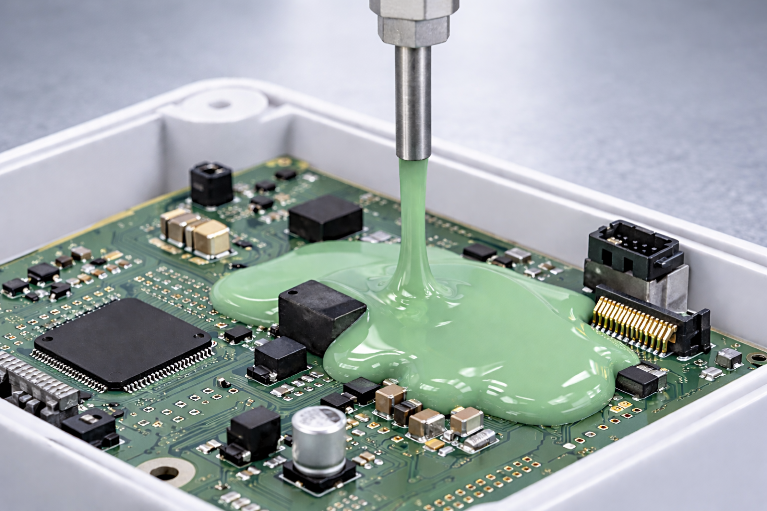 Metal nozzle applies RTV silicone onto a circuit board housed in an enclosure.