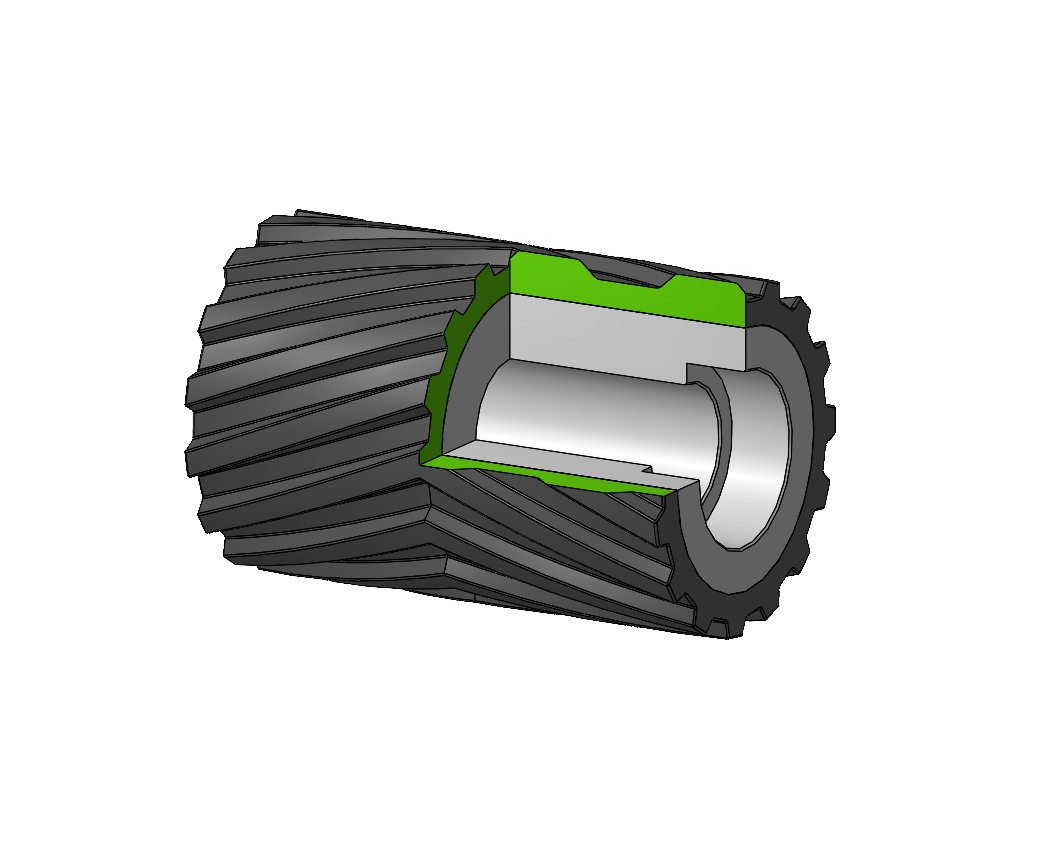 Gummirolle mit Herringbone-Struktur und Metallverstärkung im partialen Querschnitt.